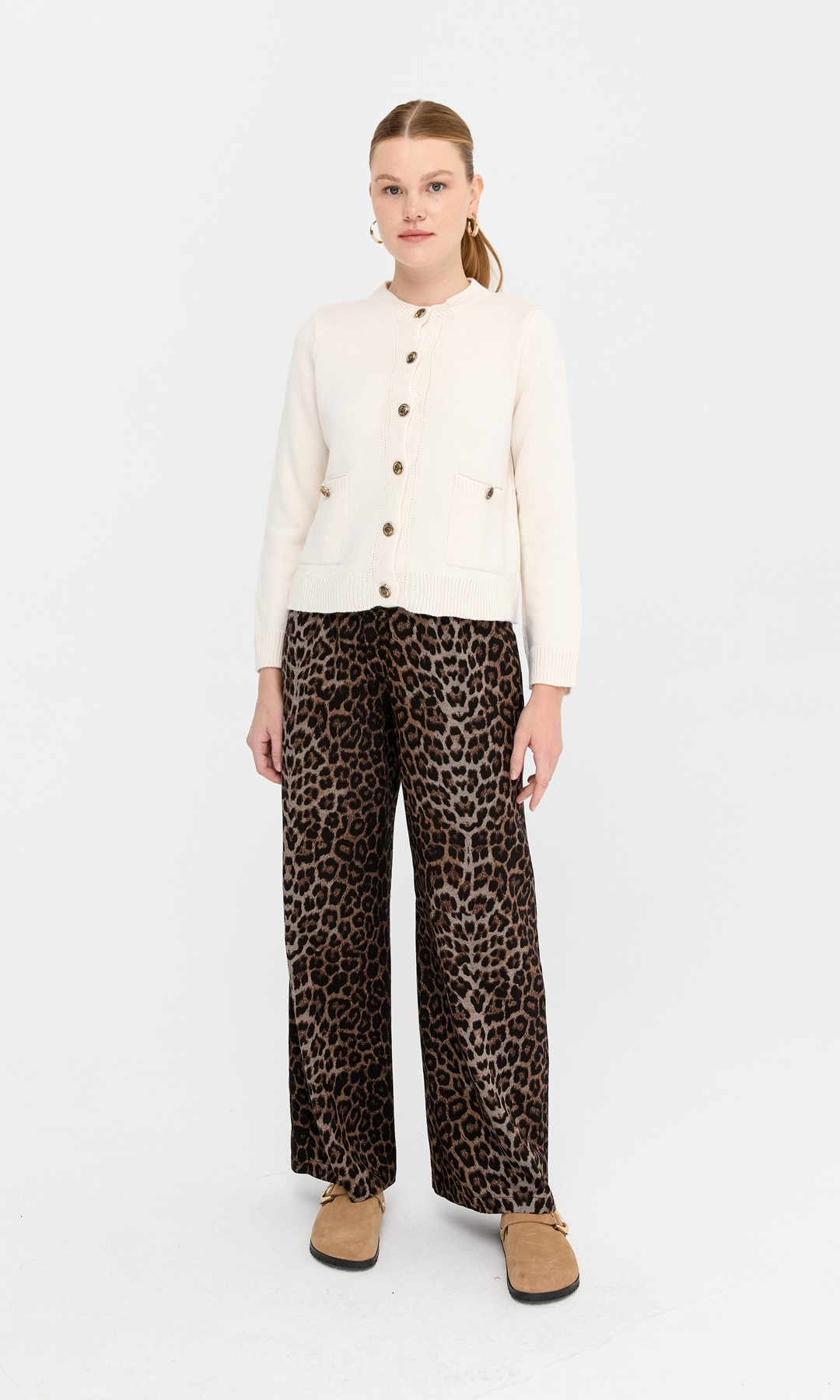 Leopar Desen Dokuma Pantolon