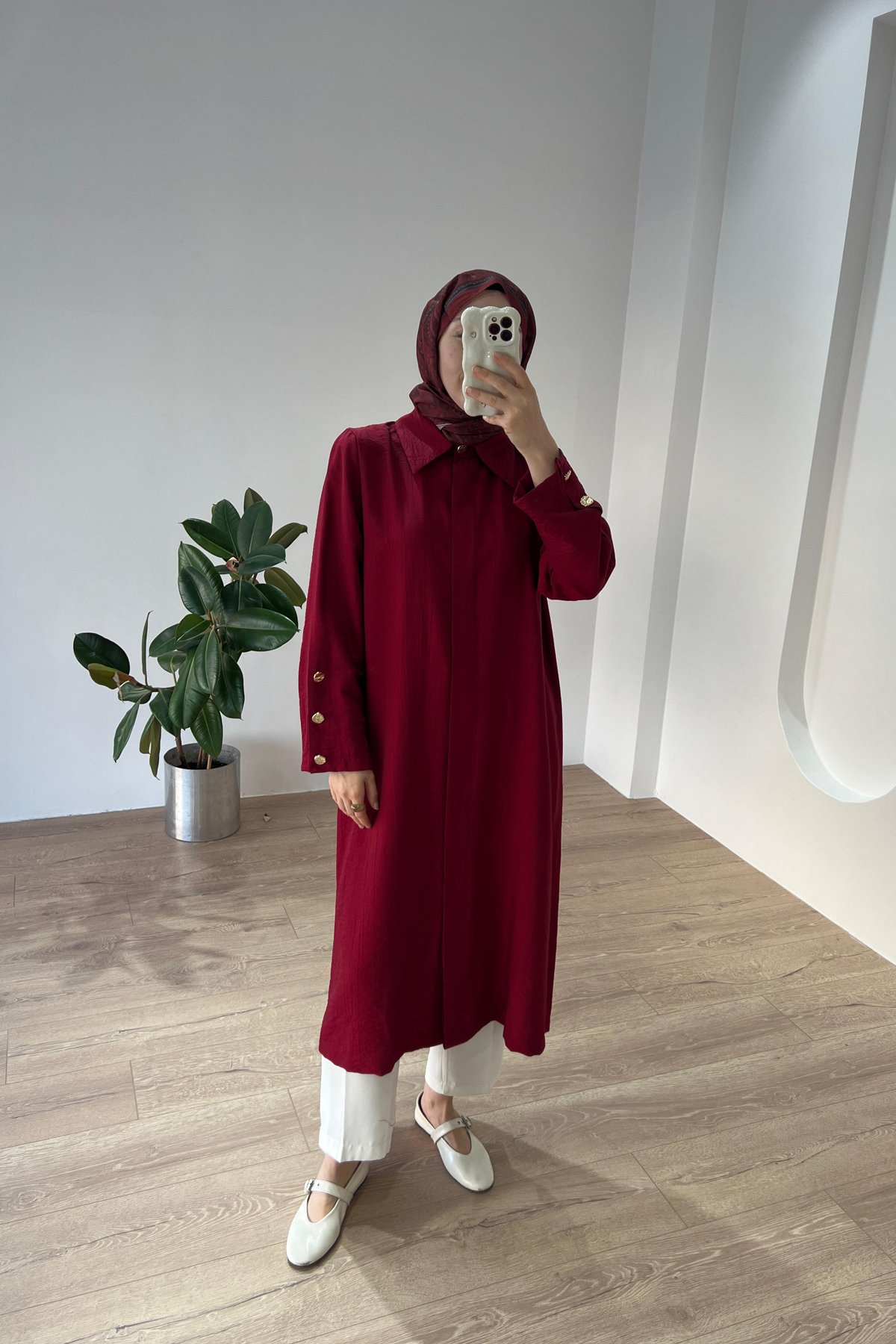Düğme Detaylı Maxi Gömlek Bordo