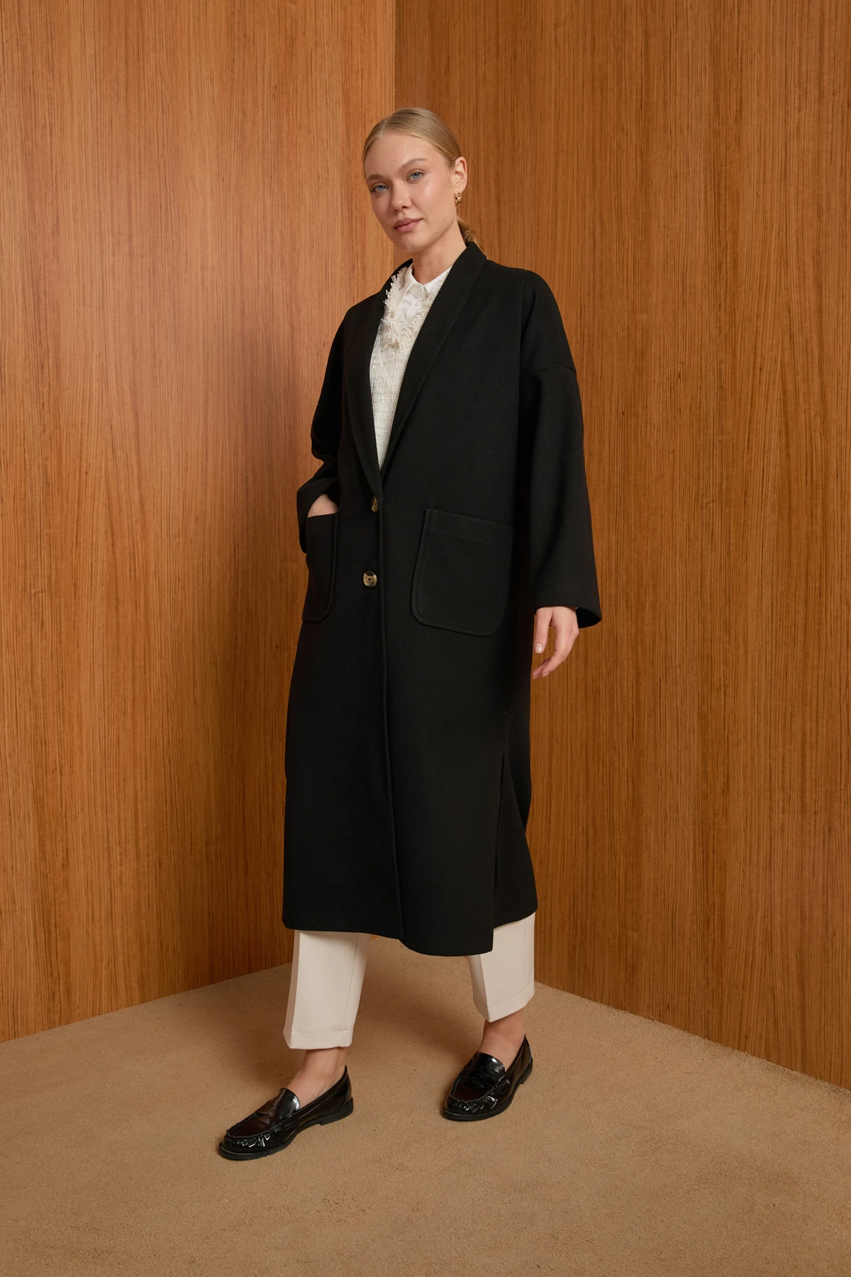 Şal Yaka Kaşe Hırka Kaban - Siyah