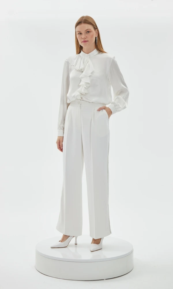 Volan Detay Saten Gömlek - Ekru