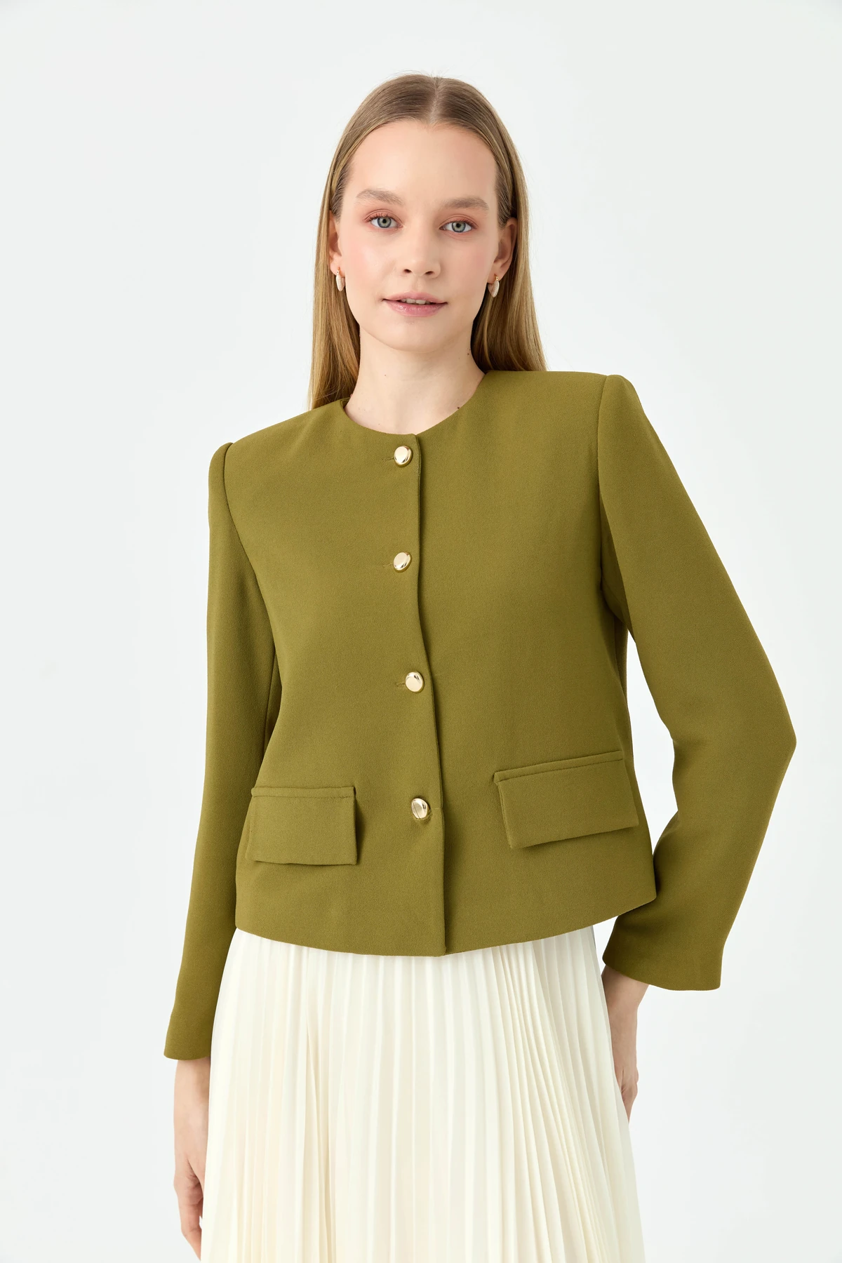 Cep Detaylı Krep Ceket Olive