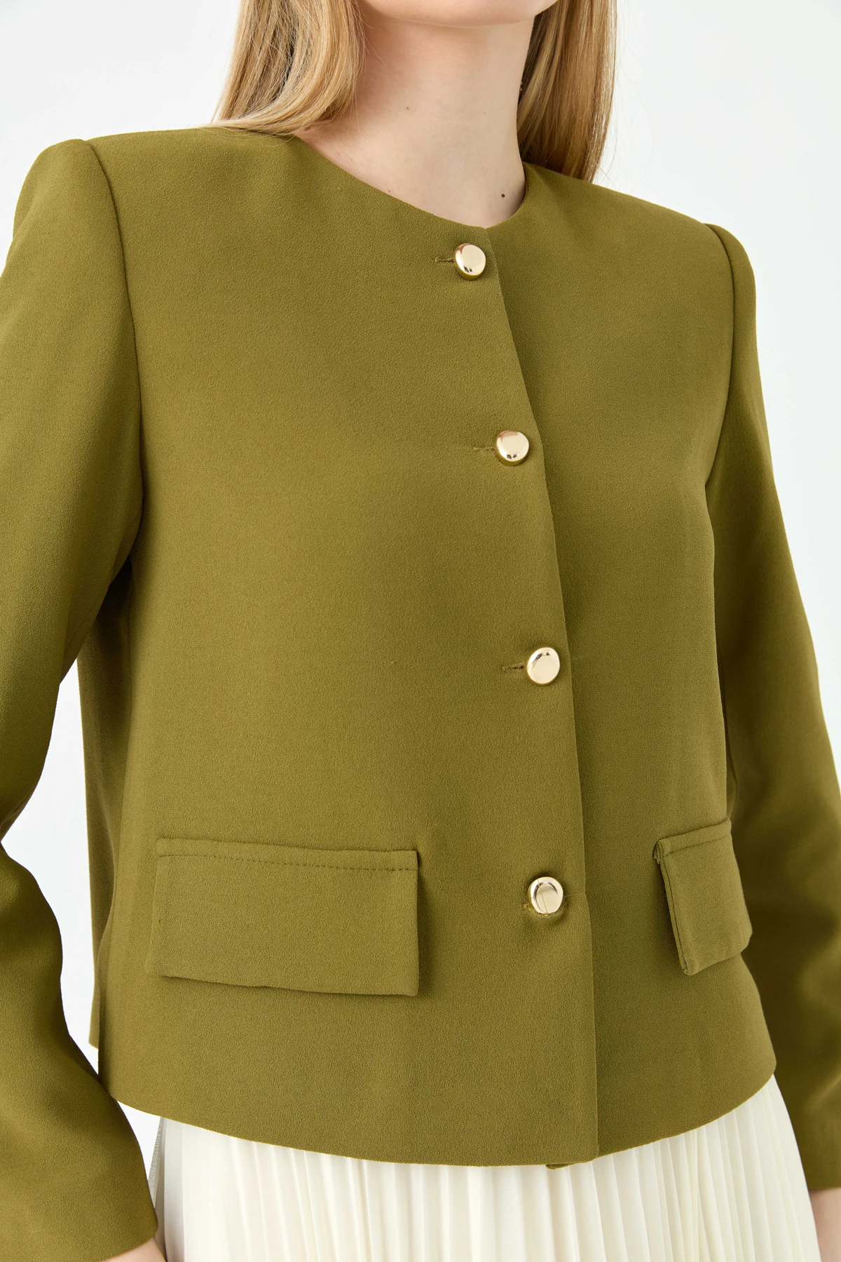 Cep Detaylı Krep Ceket Olive