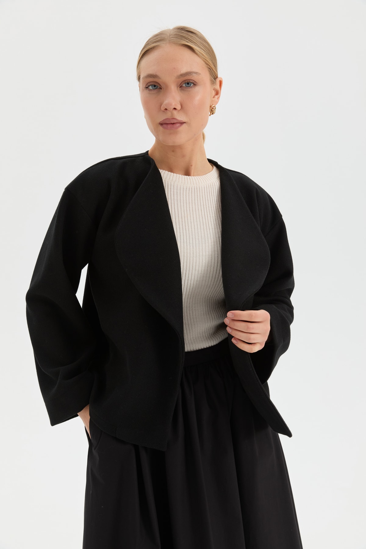 Kaşe Crop Ceket - Siyah