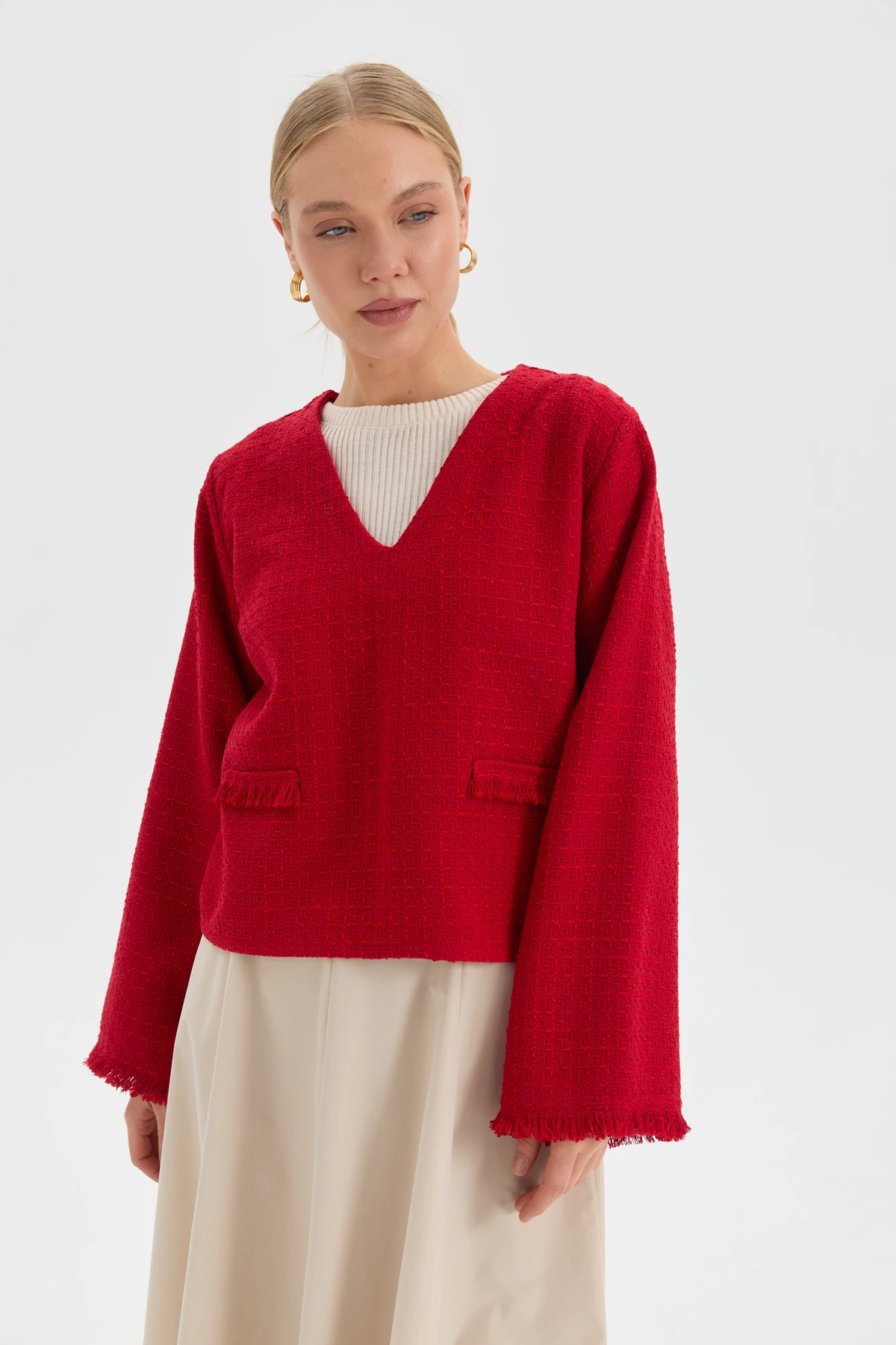 Tüvit Crop Bluz - Kırmızı