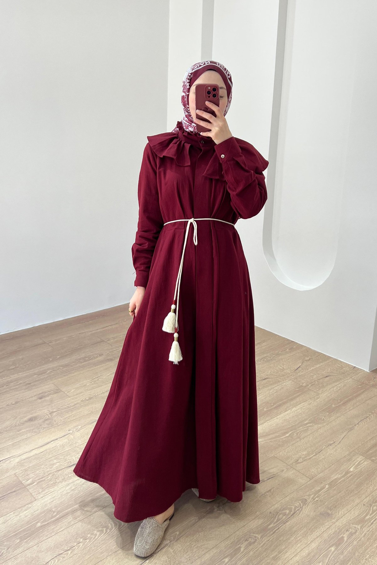 Midye Yaka Keten Elbise Bordo