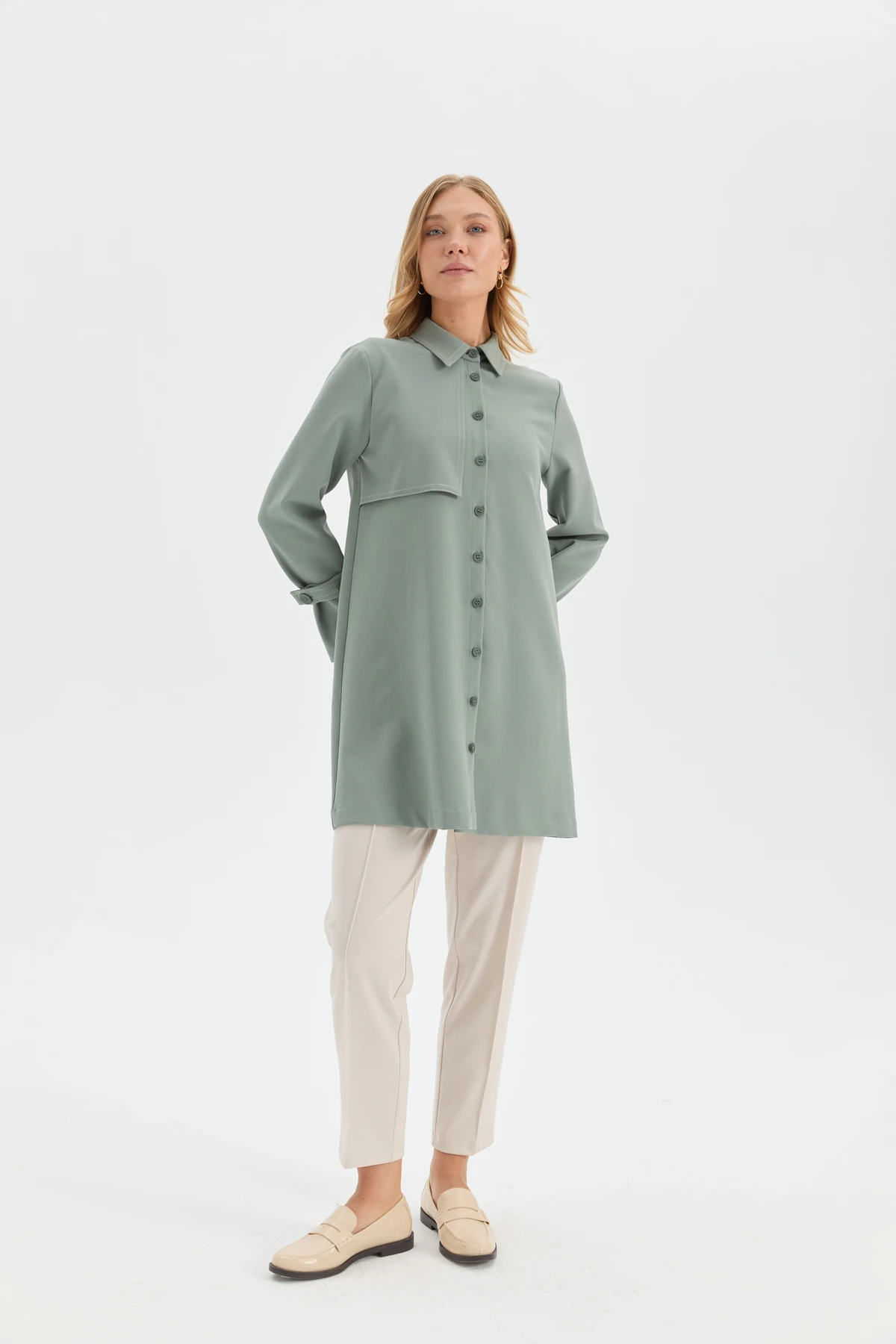 Kontrast Dikişli Maxi Gömlek