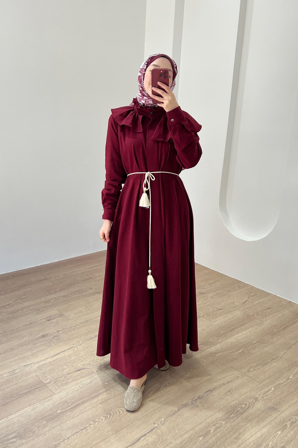 Midye Yaka Keten Elbise Bordo