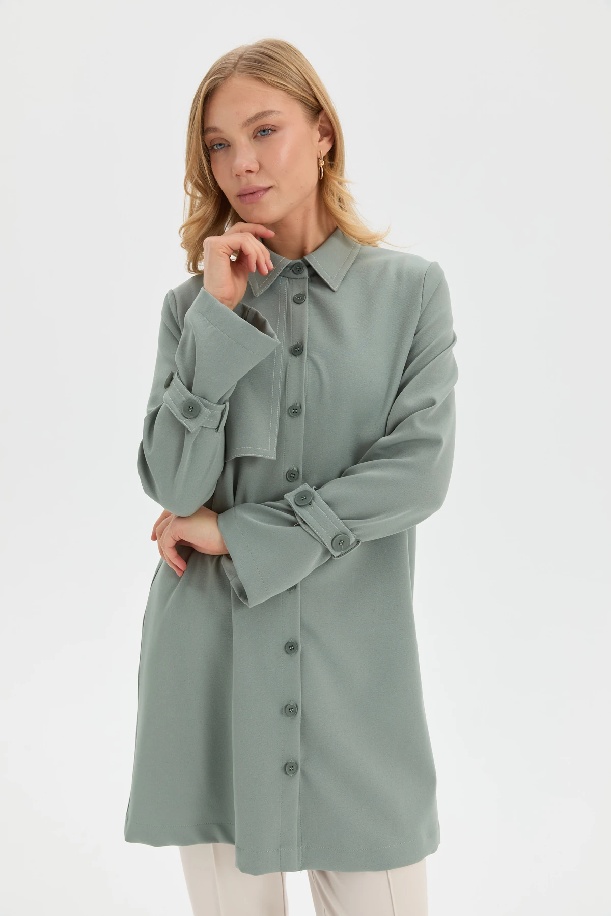 Kontrast Dikişli Maxi Gömlek