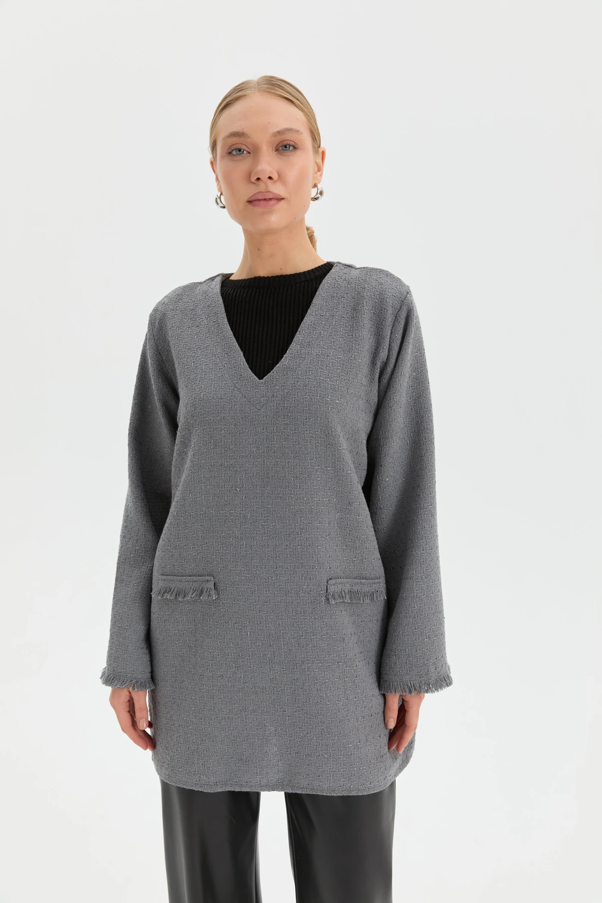 V Yaka Tüvit Tunik - Gri