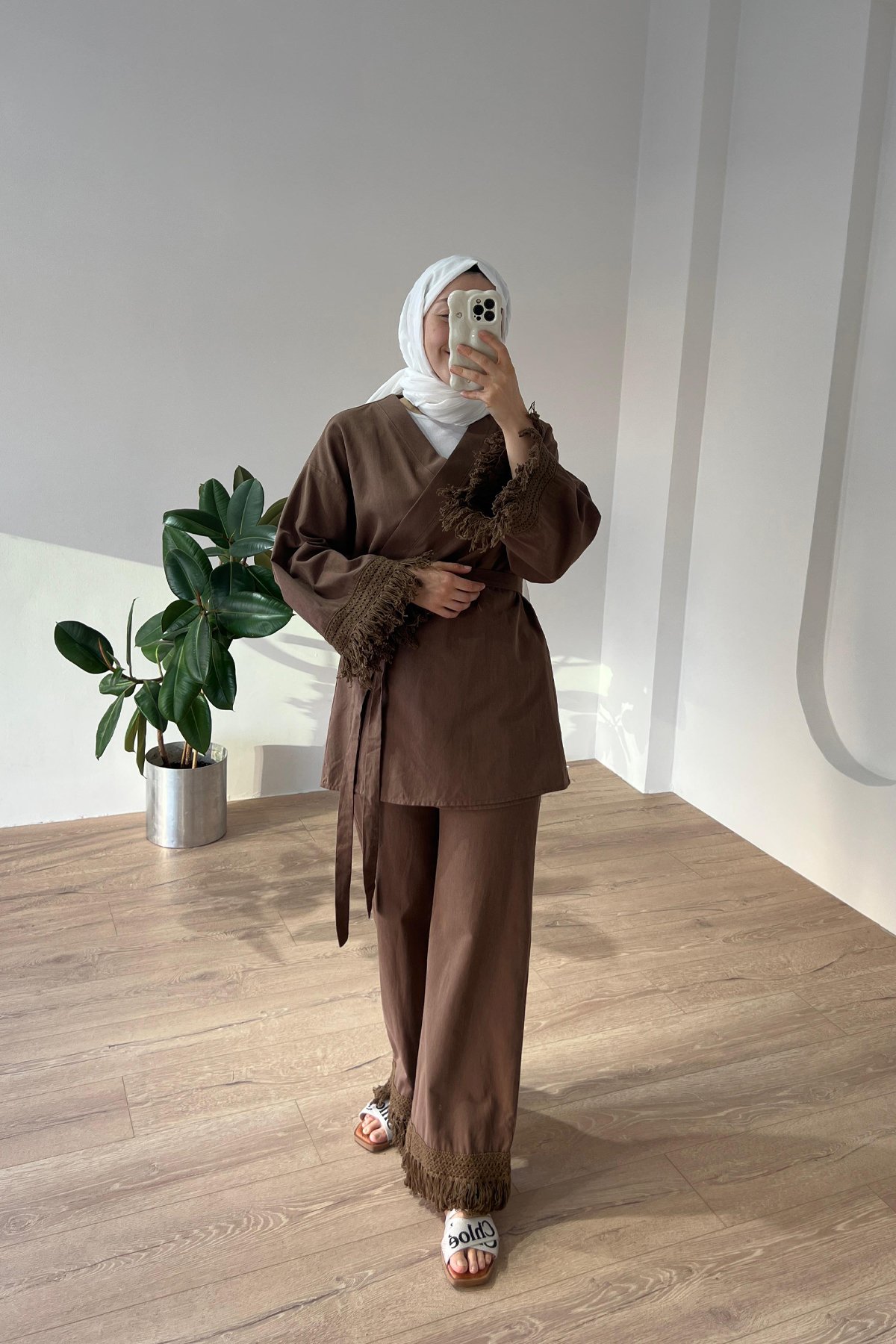 Püsküllü Kimono Takım Kahve