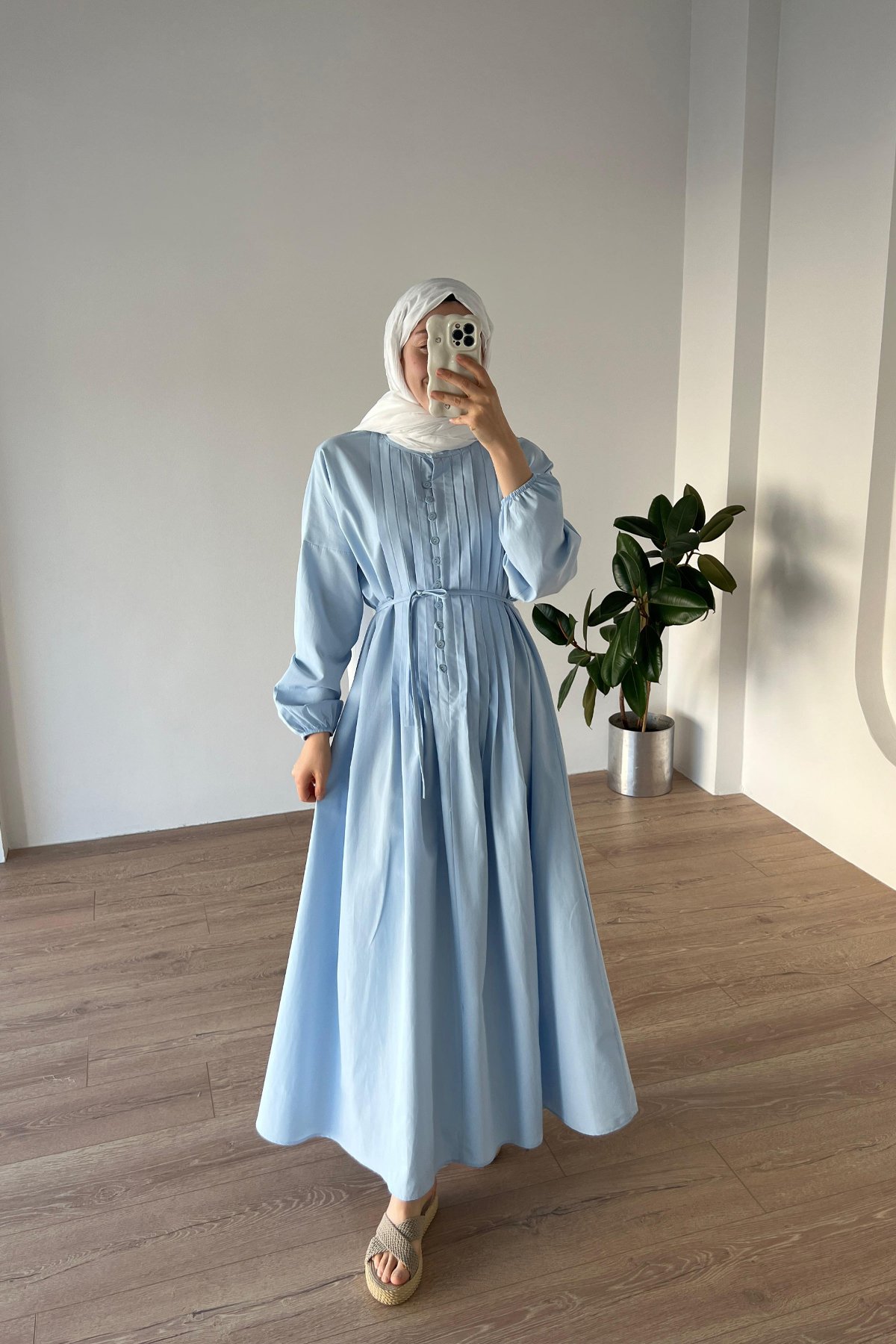 Nervürlü Poplin Elbise Buz Mavi