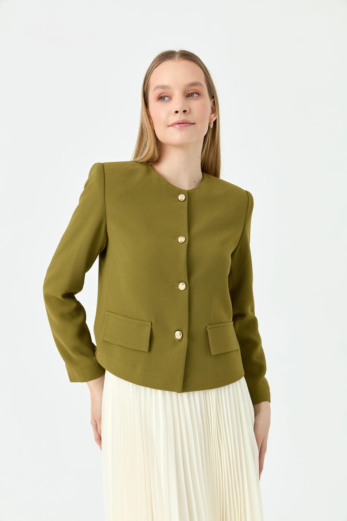Cep Detaylı Krep Ceket Olive