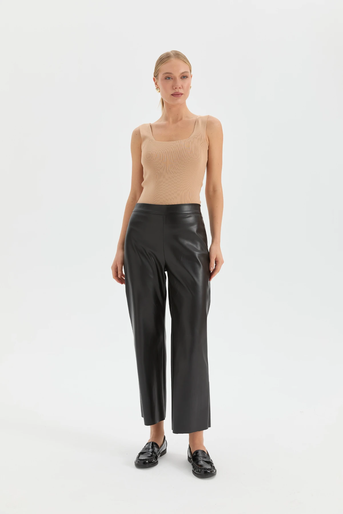 Bol Paça Deri Pantolon - Siyah