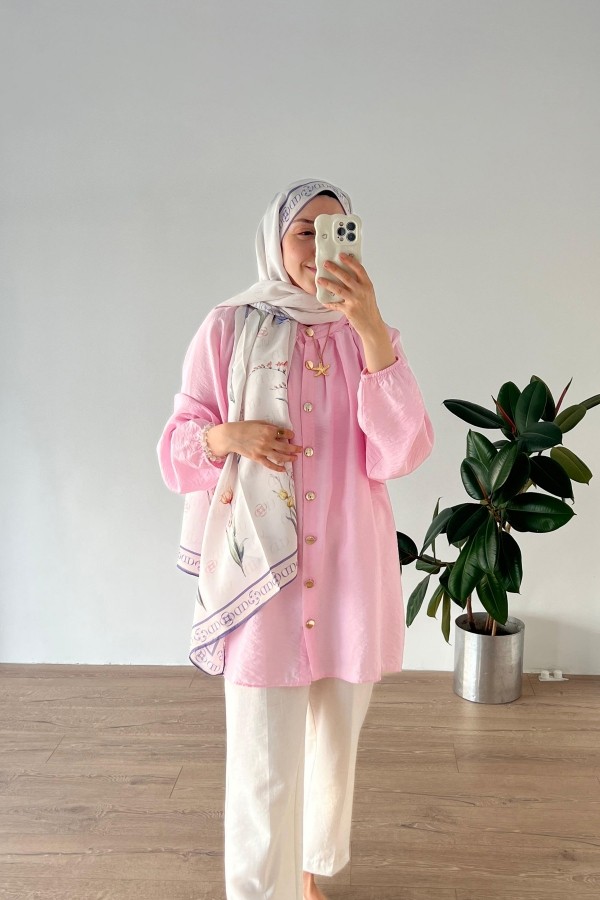 Yakası Pileli Vual Gömlek - Pembe