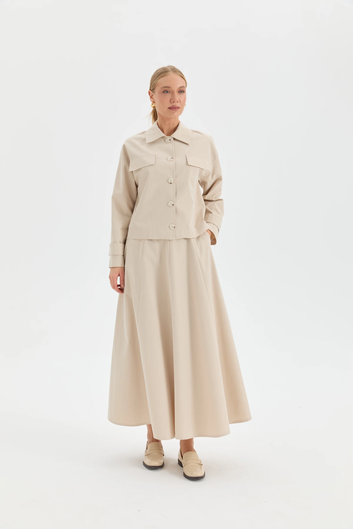 Cep Detaylı Godeli Etek - Bej