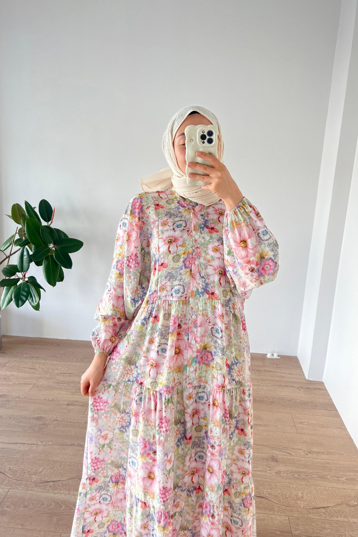 Çiçekli Modal Elbise Pembe