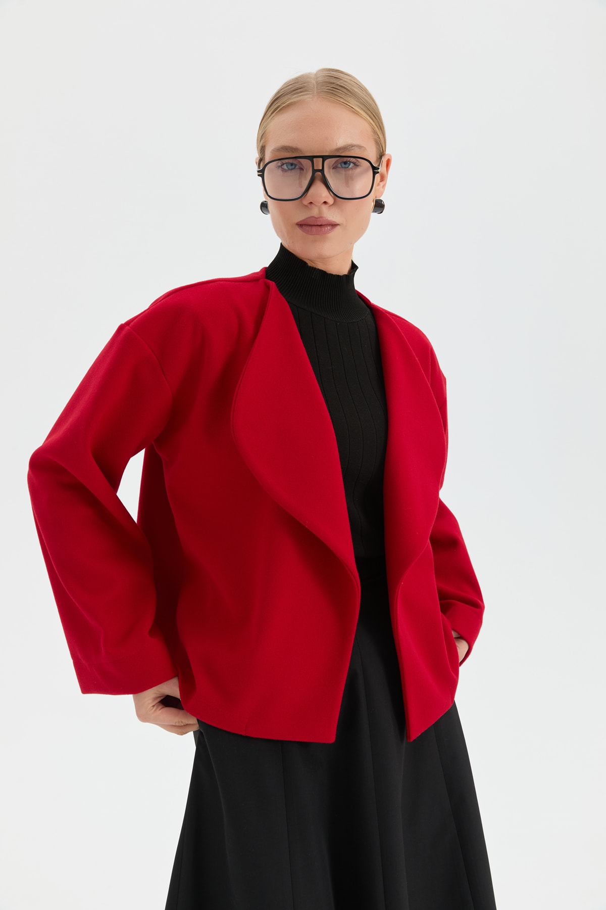 Kaşe Crop Ceket - Kırmızı