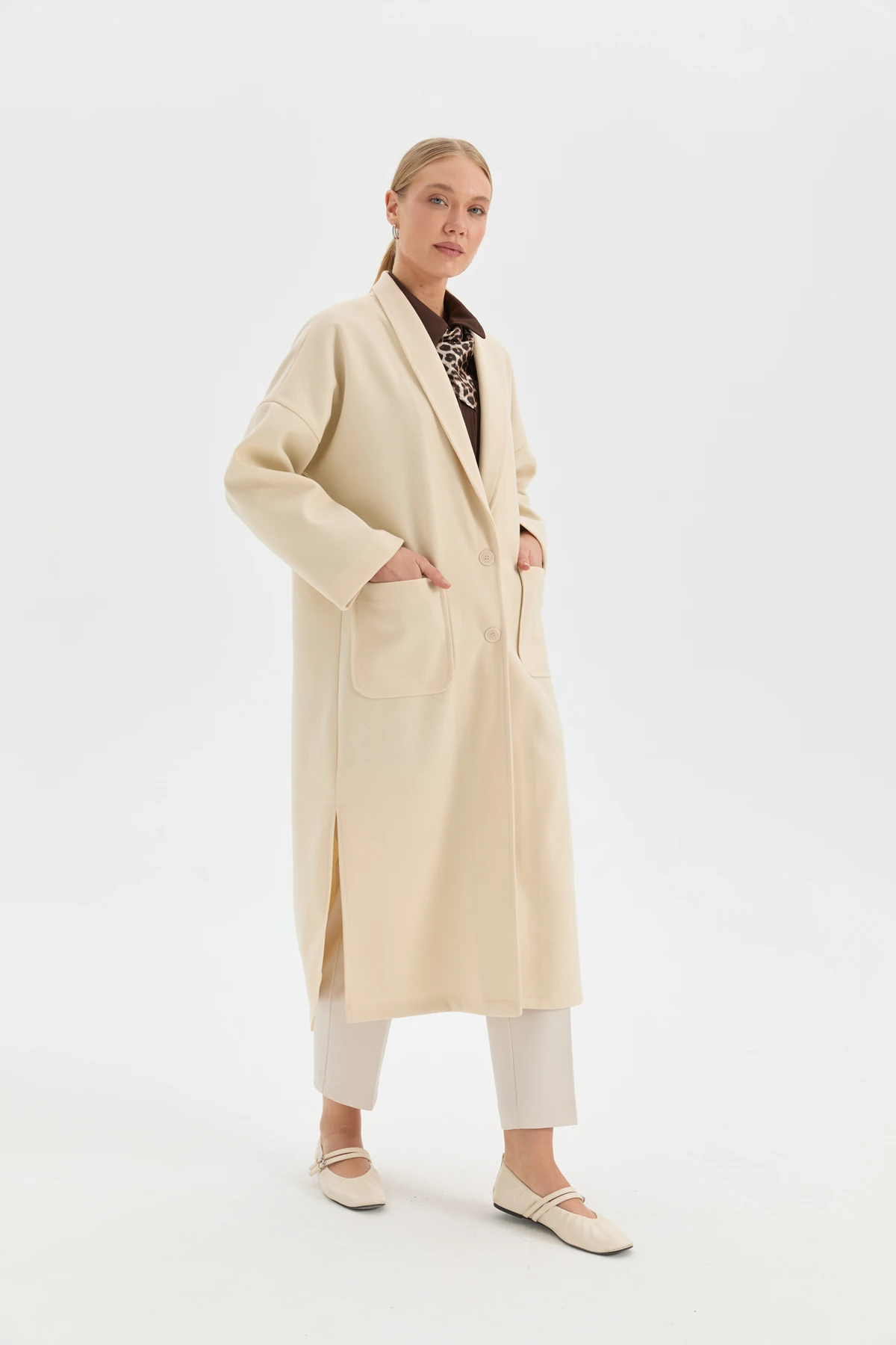 Şal Yaka Kaşe Hırka Kaban - Krem