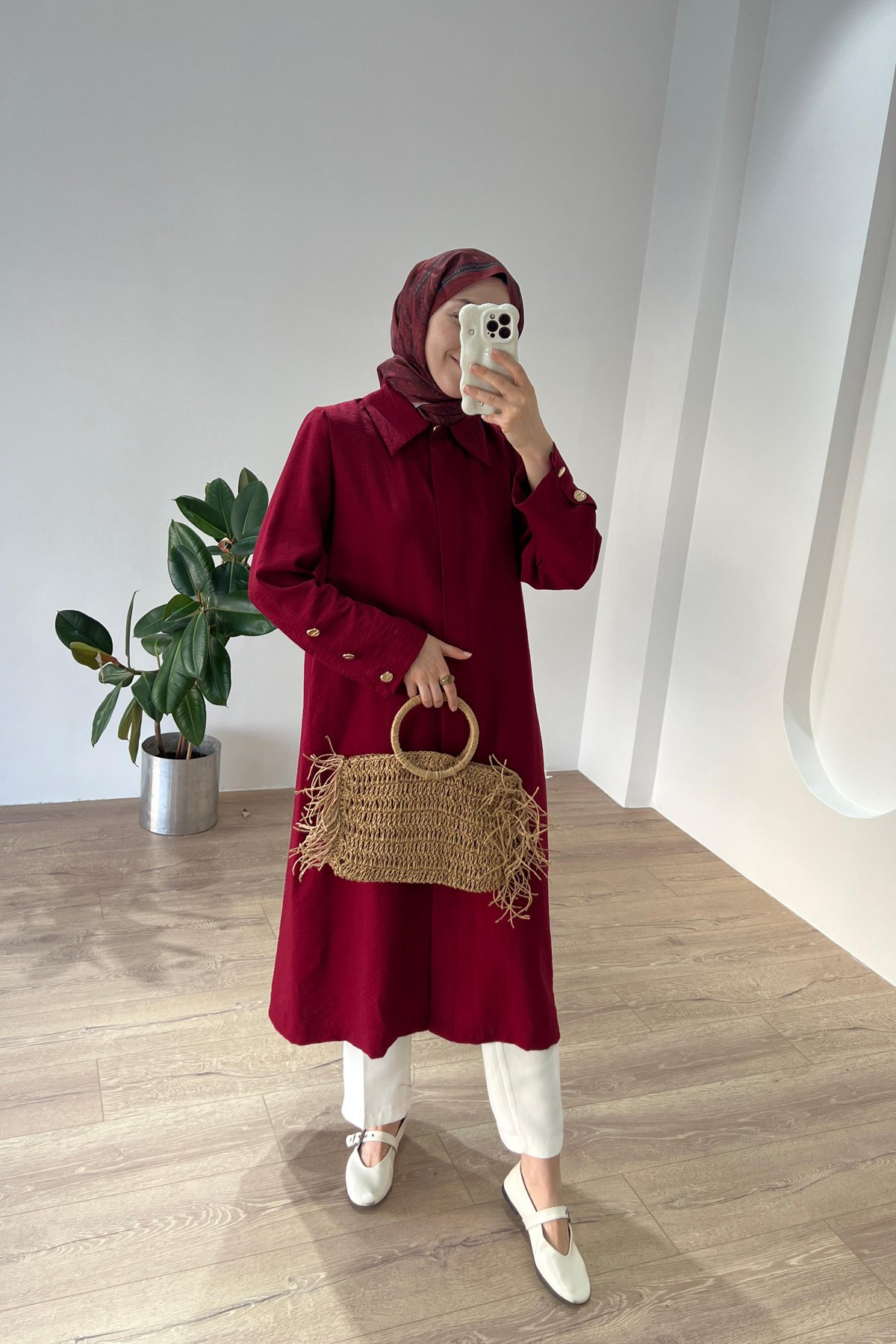 Düğme Detaylı Maxi Gömlek Bordo