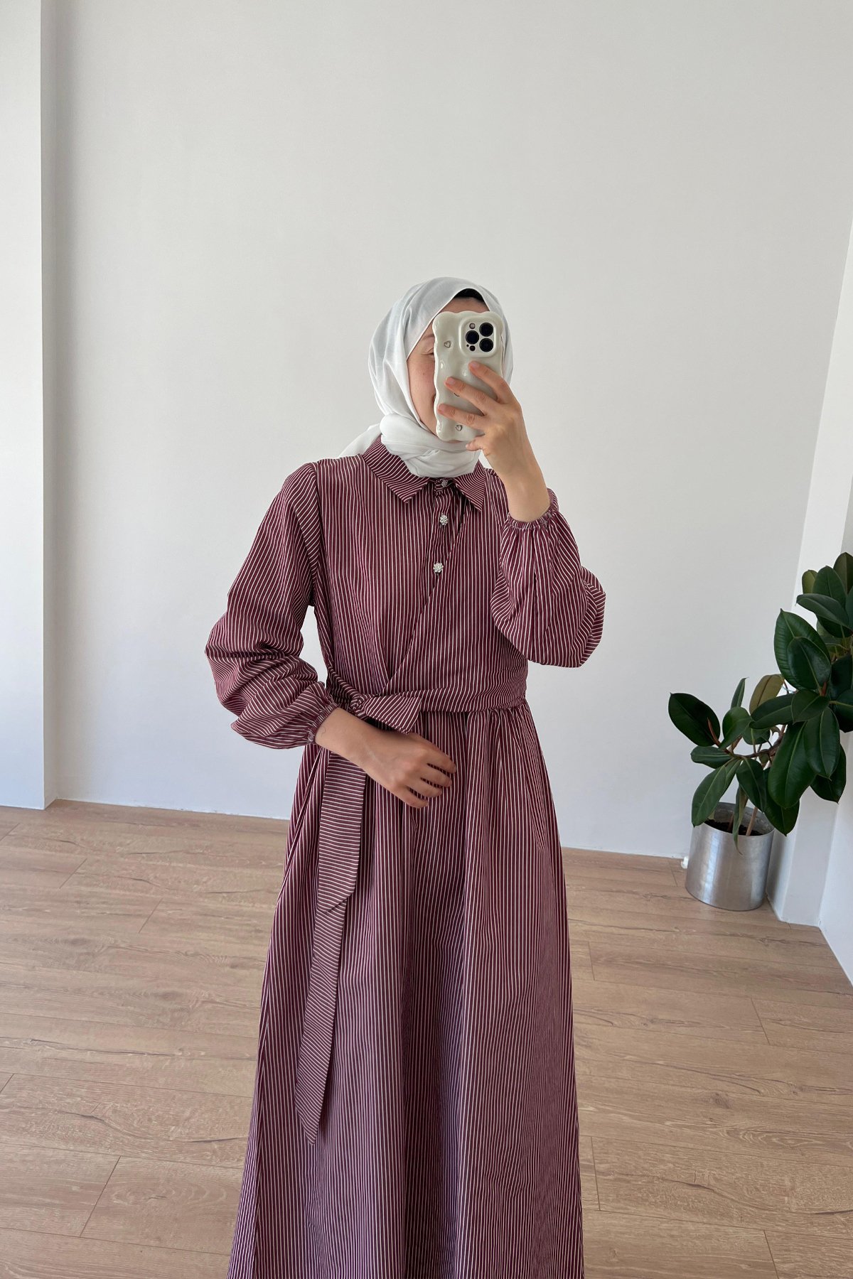 Çizgili Elbise Bordo
