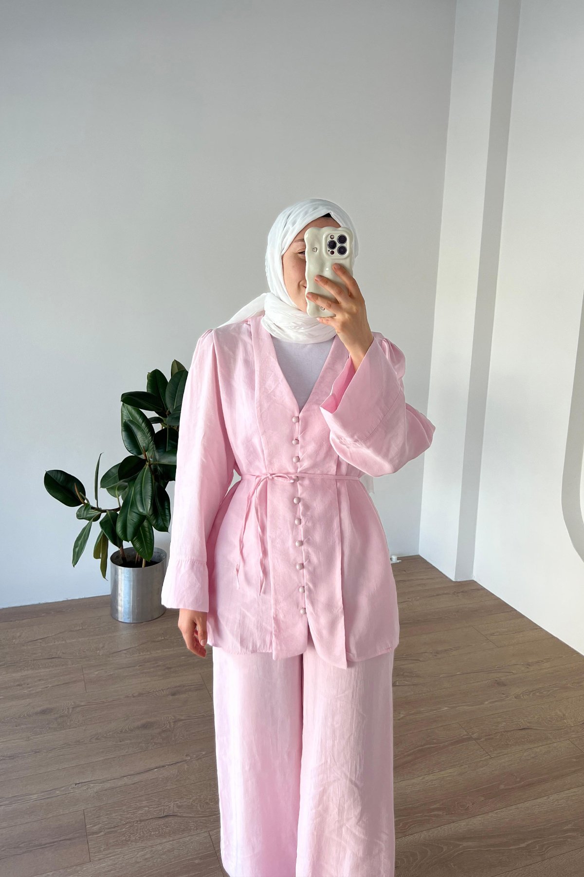 Önden Düğmeli Modal Takım pembe