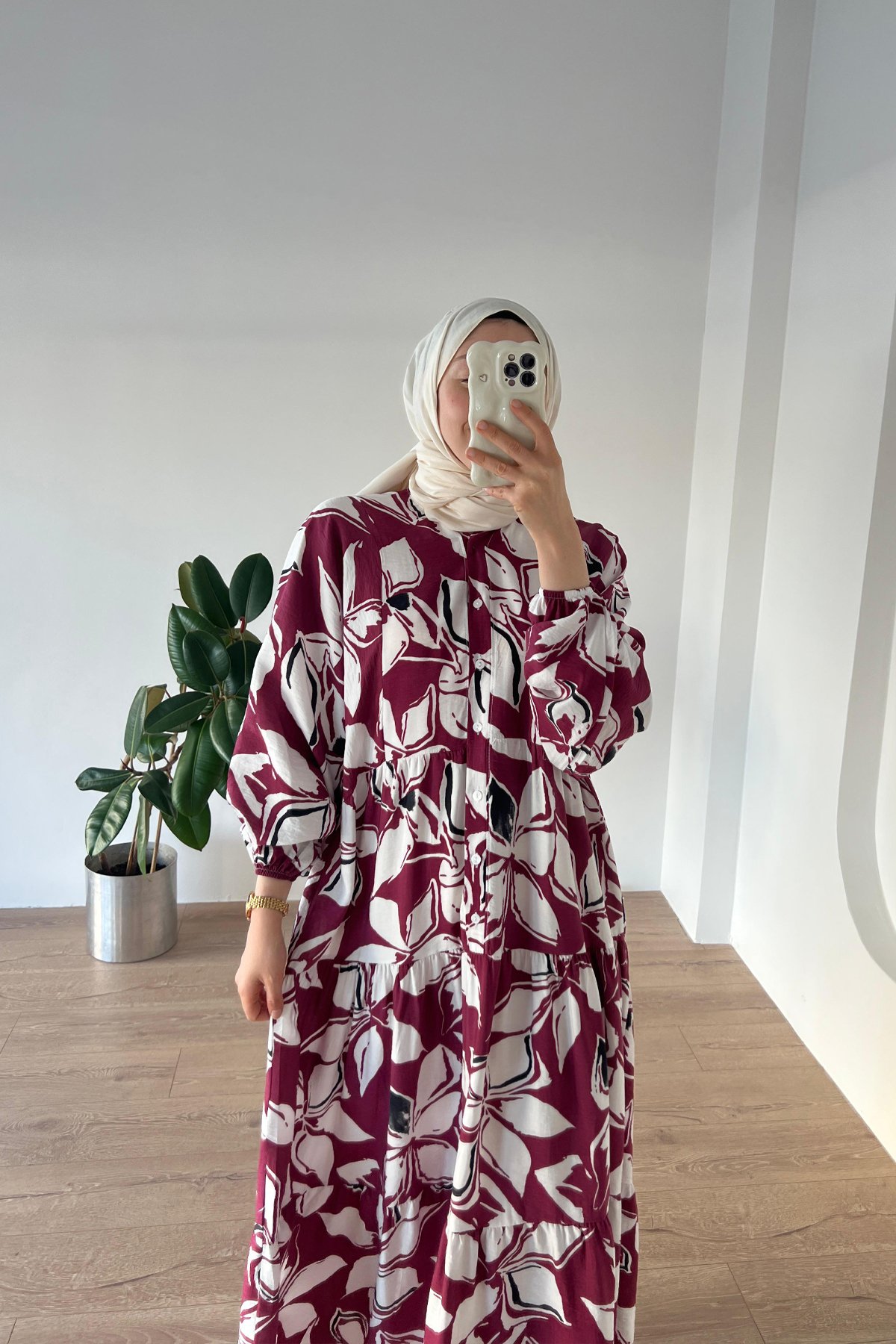 Floral Desen Elbise Bordo