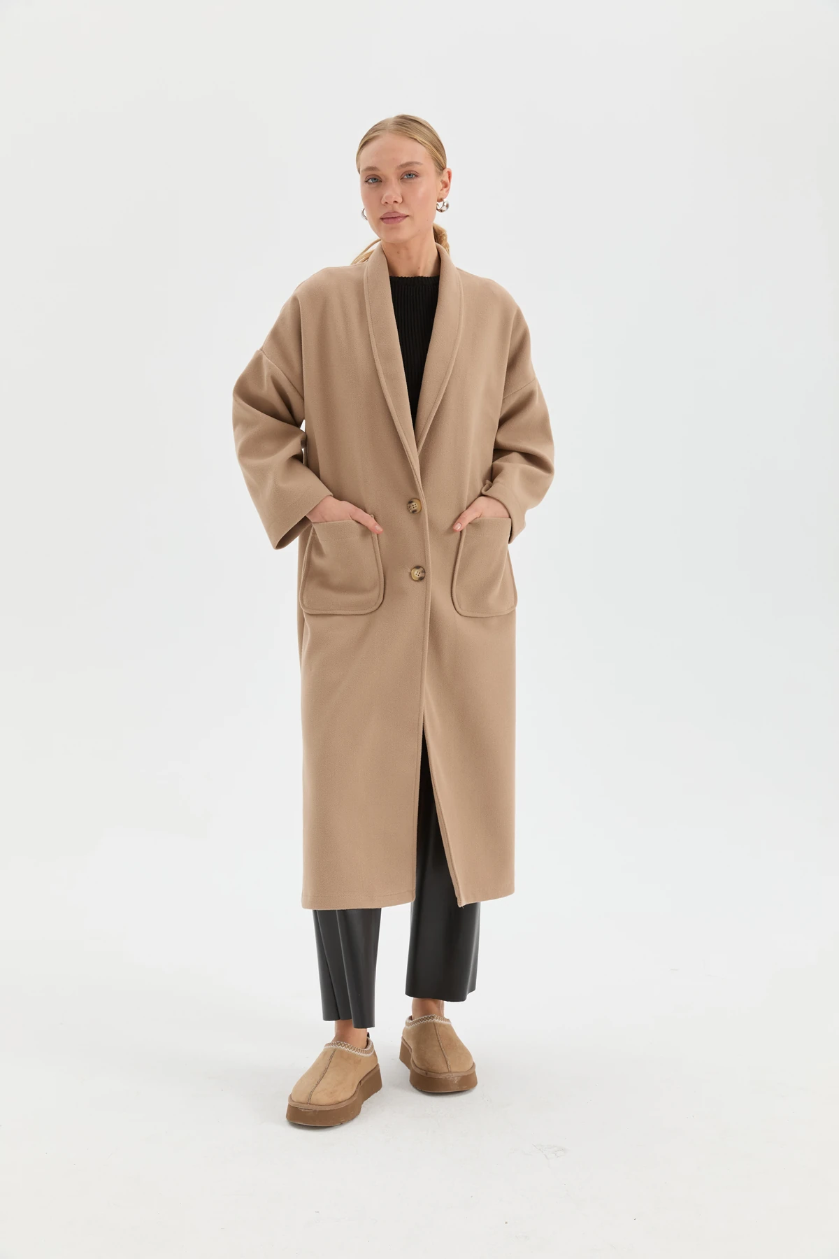 Şal Yaka Kaşe Hırka Kaban - Latte