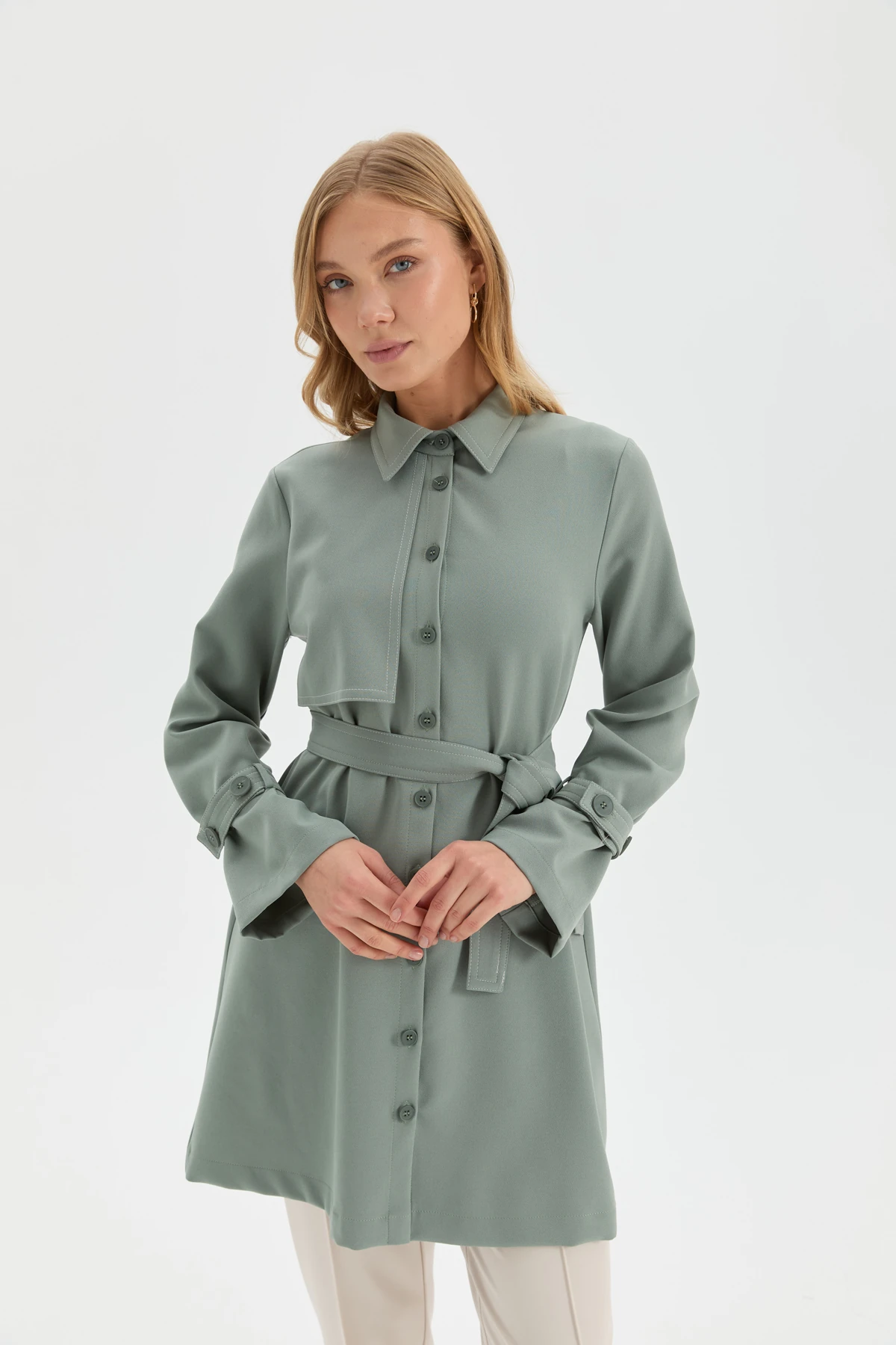 Kontrast Dikişli Maxi Gömlek