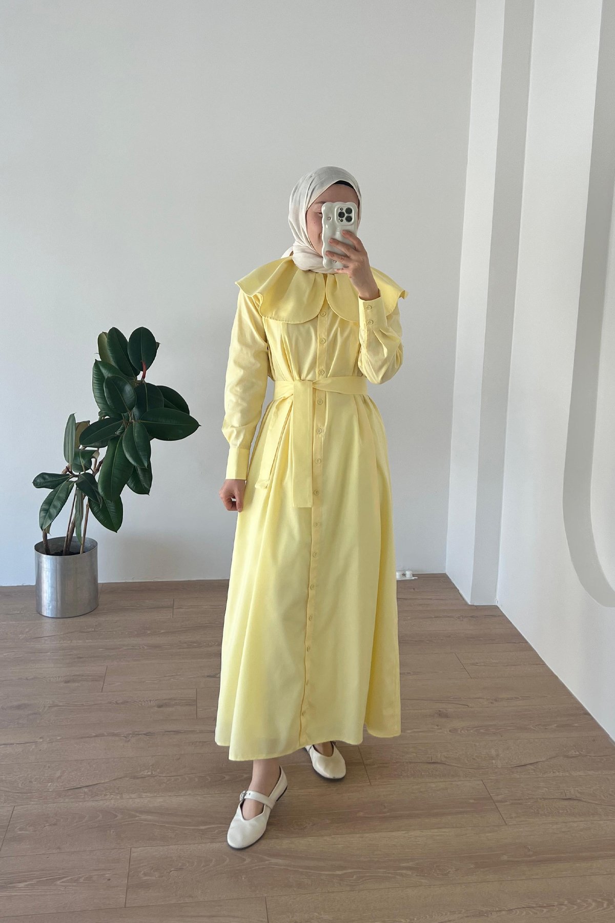 Papatya Yaka Vual Elbise Soft Sarı