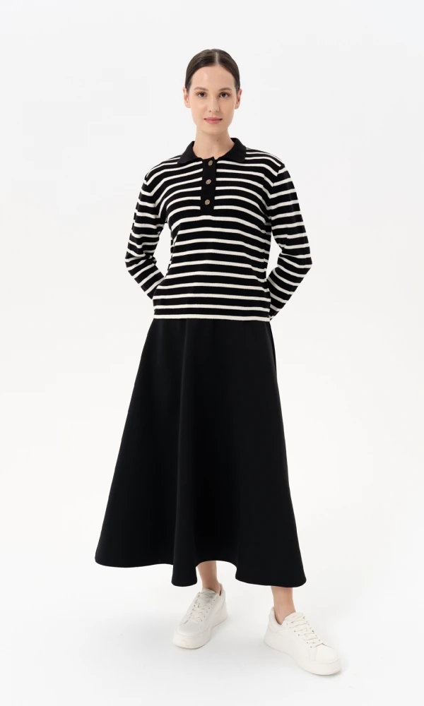 Çizgili Polo Yaka Triko Bluz