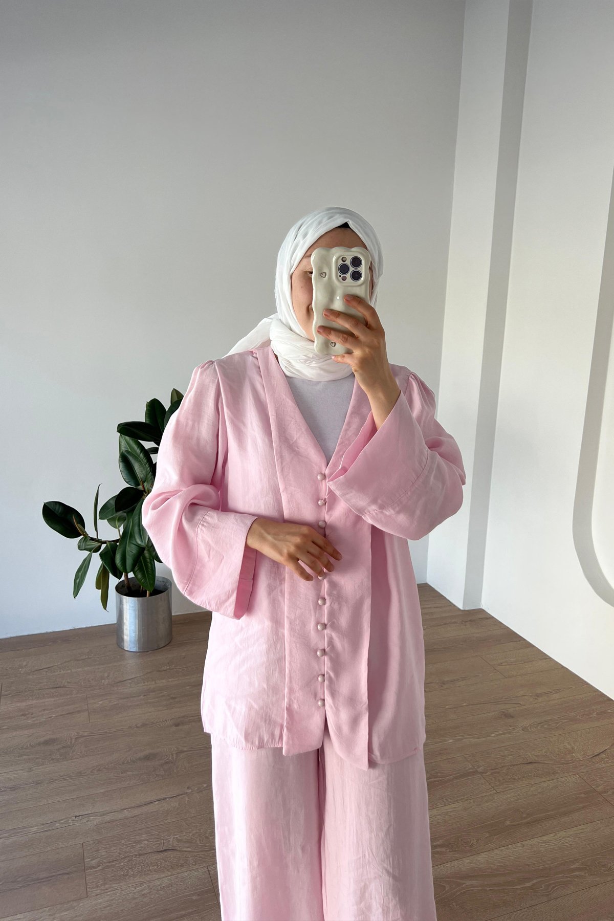 Önden Düğmeli Modal Takım pembe