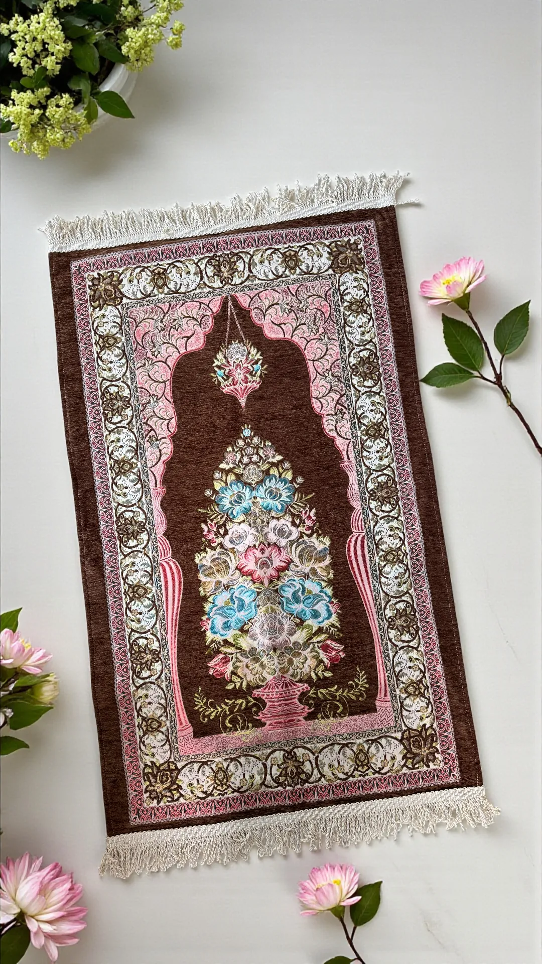 Gül Şönil Seccade - Kahverengi