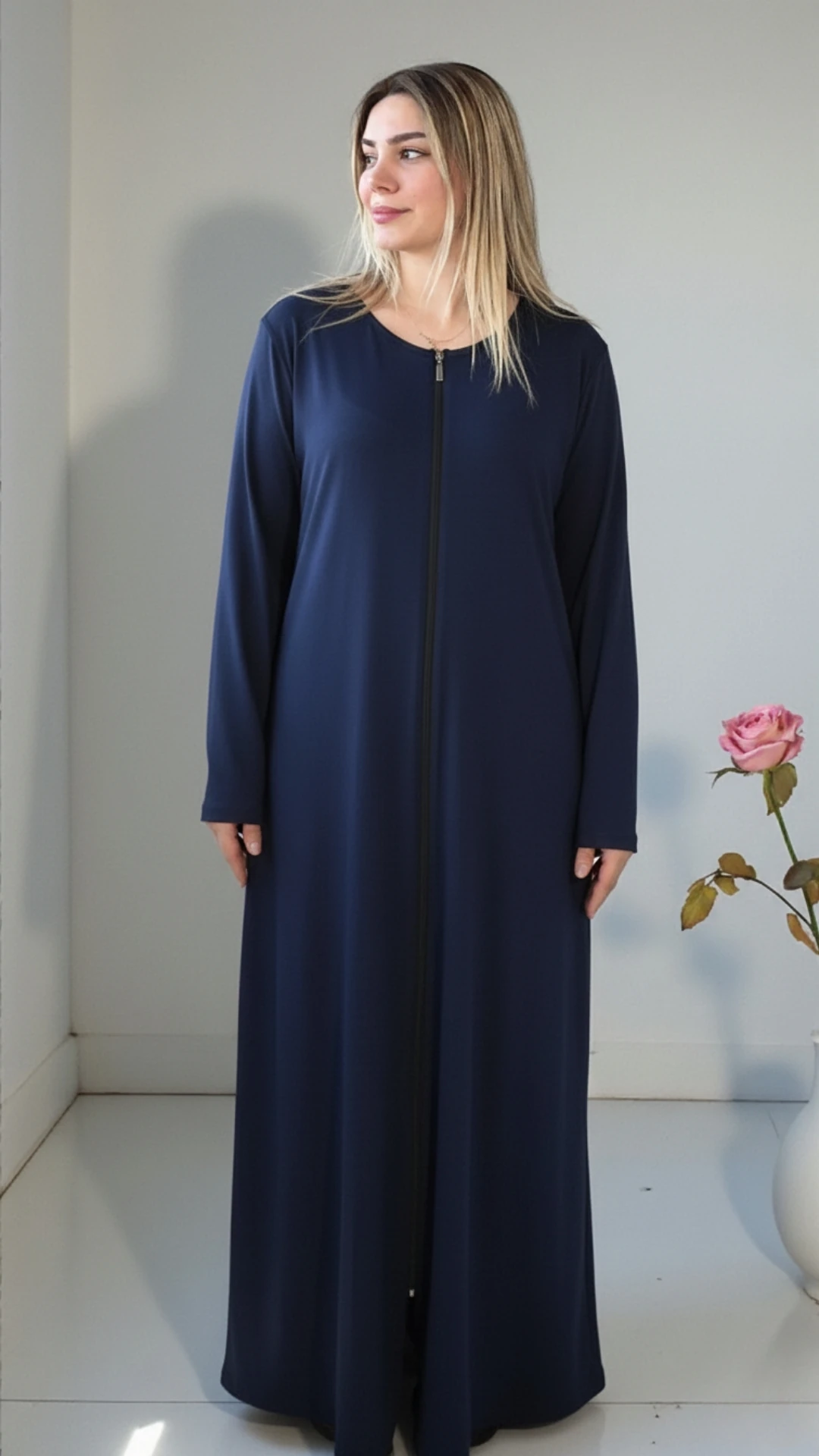 Refah Fermuarlı Pamuklu Penye Namaz Elbisesi - ŞALSIZ - Lacivert