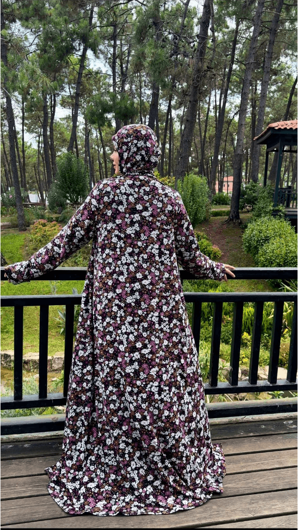 Desenli Refah Fermuarlı Hazır Şallı Pamuklu Penye Namaz Elbisesi  - Lila Bahar