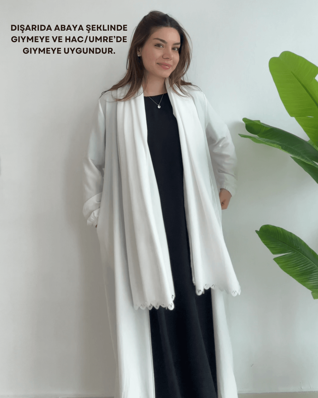 Sahra Fermuarlı Uzun Şallı Pamuk Aerobin Namaz Elbisesi - Beyaz