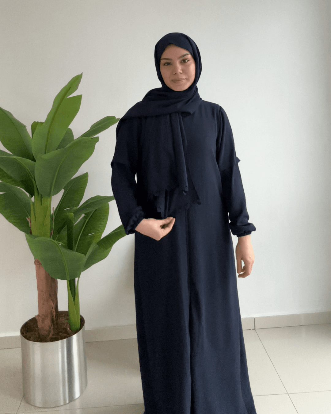 Sahra Fermuarlı Uzun Şallı Pamuk Aerobin Namaz Elbisesi - Lacivert