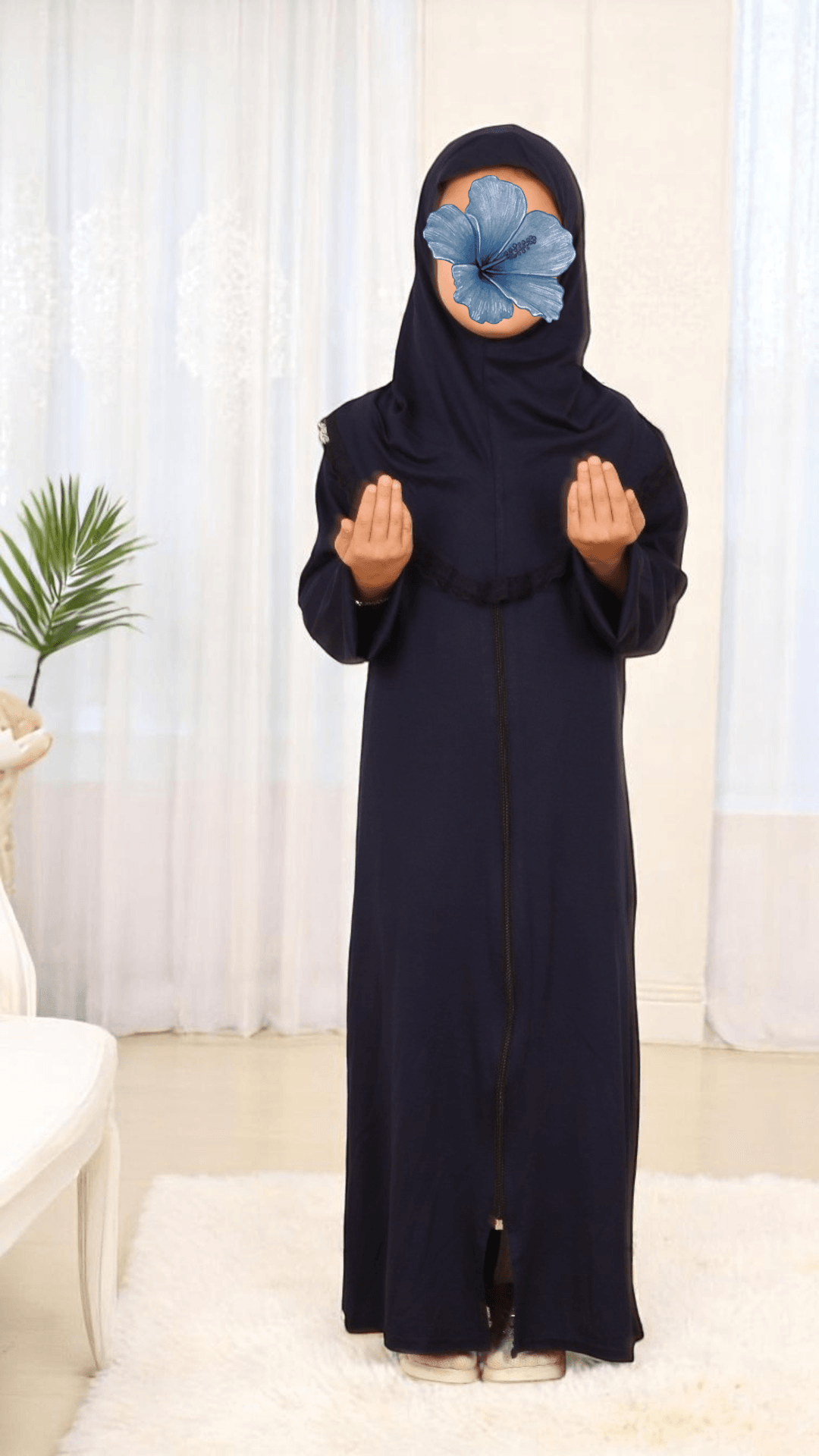 Refah Fermuarlı Hazır Şallı Pamuklu Penye Çocuk Namaz Elbisesi - Lacivert