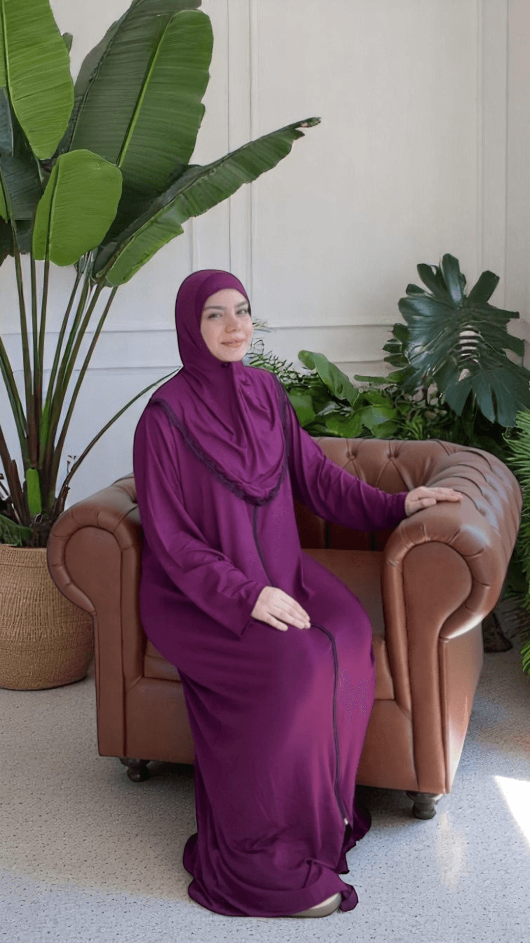 Refah Fermuarlı Hazır Şallı Pamuklu Penye Namaz Elbisesi  - Gül Kurusu