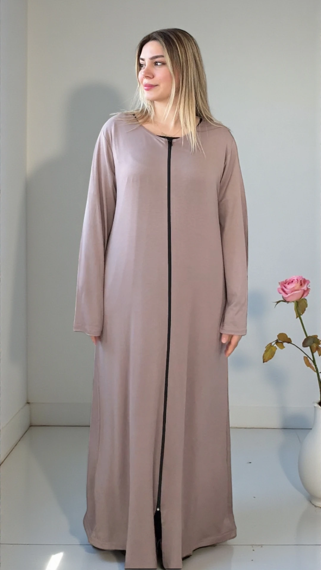 Refah Fermuarlı Pamuklu Penye Namaz Elbisesi - ŞALSIZ - Açık kahve