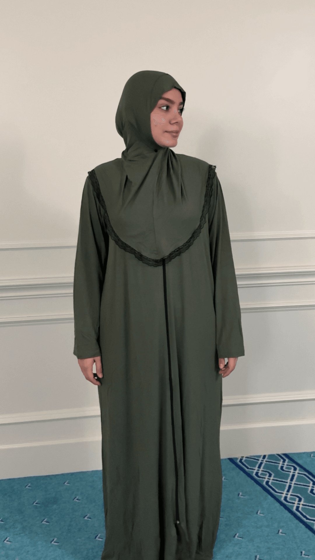 Refah Fermuarlı Hazır Şallı Pamuklu Penye Namaz Elbisesi  - Haki