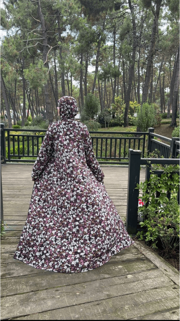 Desenli Refah Fermuarlı Hazır Şallı Pamuklu Penye Namaz Elbisesi  - Lila Bahar