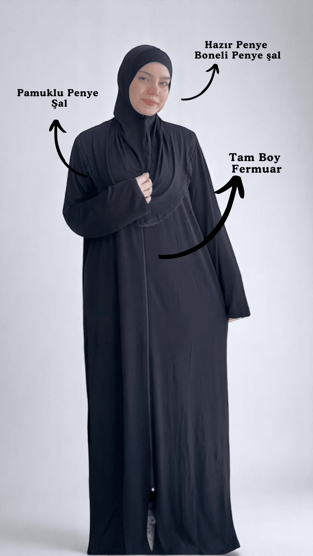 Refah Fermuarlı Hazır Şallı Pamuklu Penye Namaz Elbisesi  - Siyah