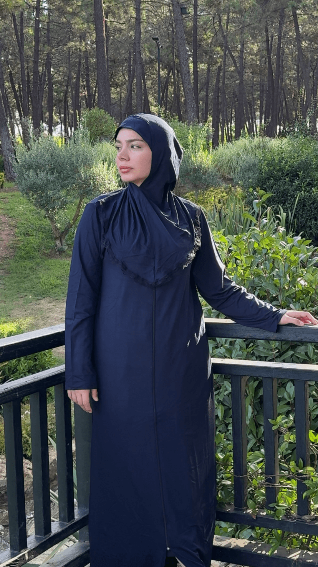 Refah Fermuarlı Hazır Şallı Pamuklu Penye Namaz Elbisesi  - Lacivert