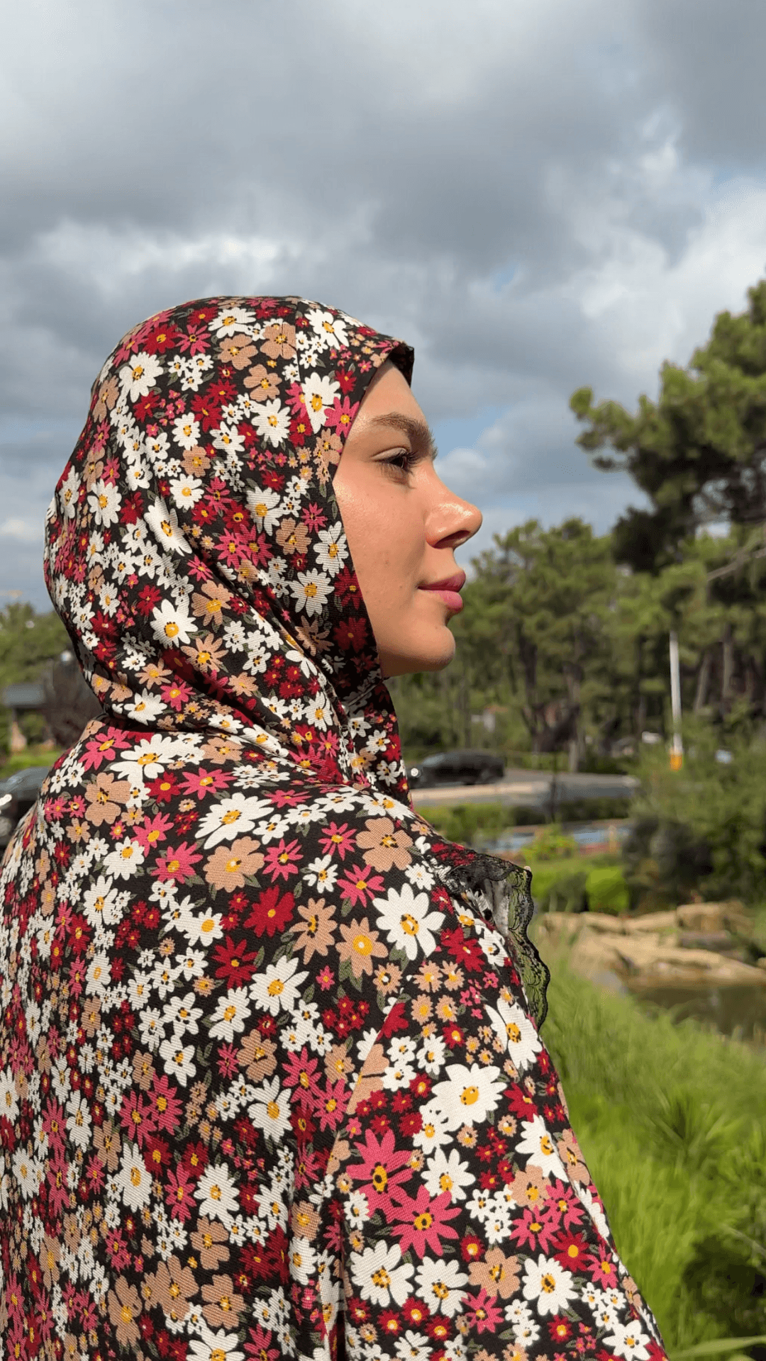 Desenli Refah Fermuarlı Hazır Şallı Pamuklu Penye Namaz Elbisesi  - Kırmızı Bahar