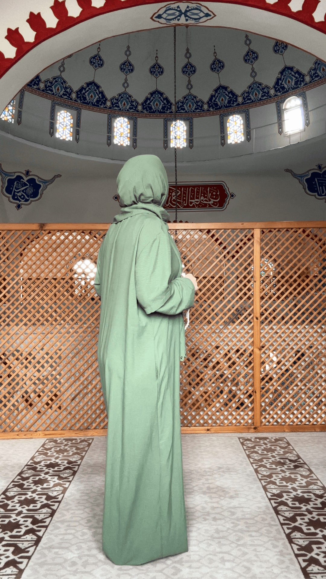 Sahra Fermuarlı Uzun Şallı Pamuk Aerobin Namaz Elbisesi - Haki
