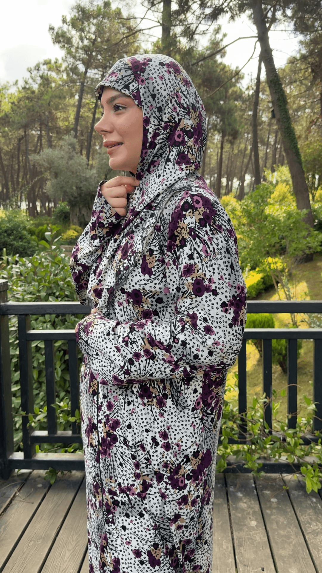 Desenli Refah Fermuarlı Hazır Şallı Pamuklu Penye Namaz Elbisesi  - Mürdüm Kır Çiçeği