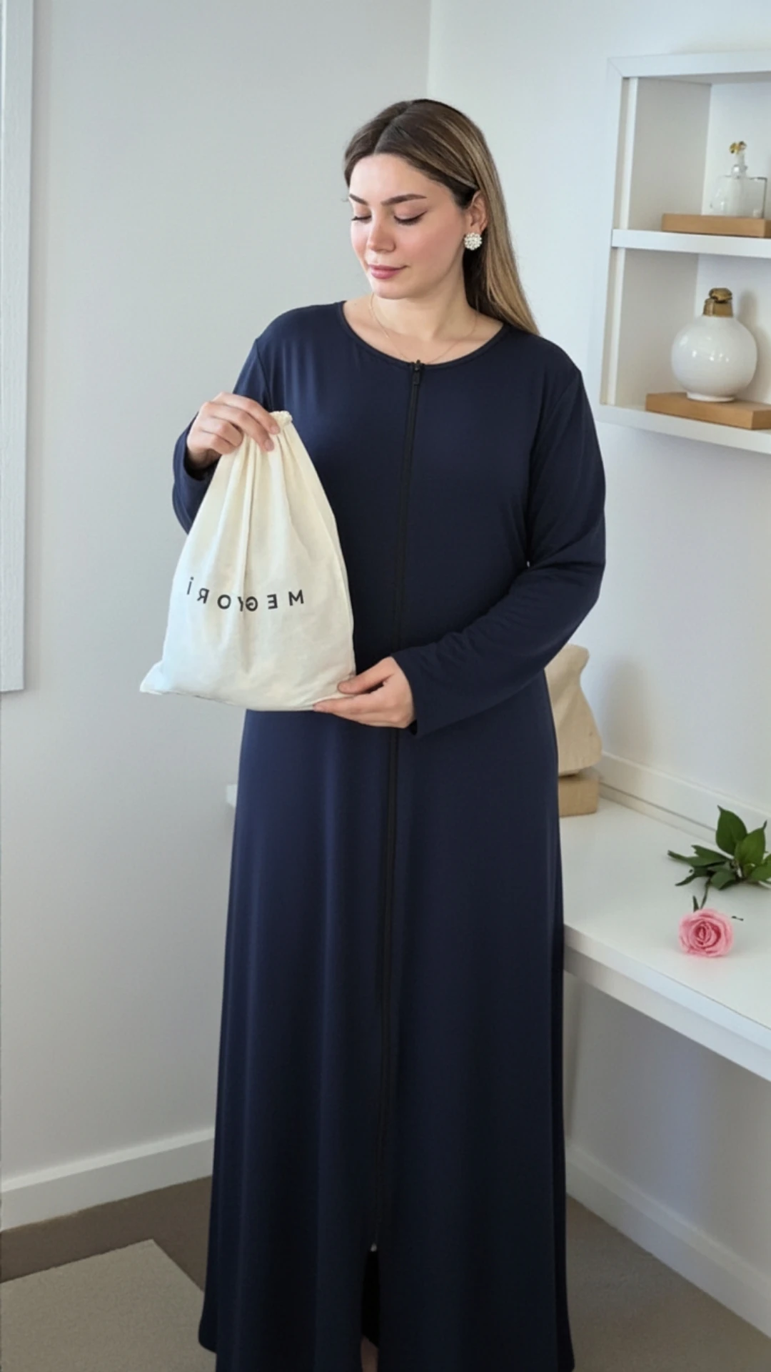 Refah Fermuarlı Pamuklu Penye Namaz Elbisesi - ŞALSIZ - Lacivert