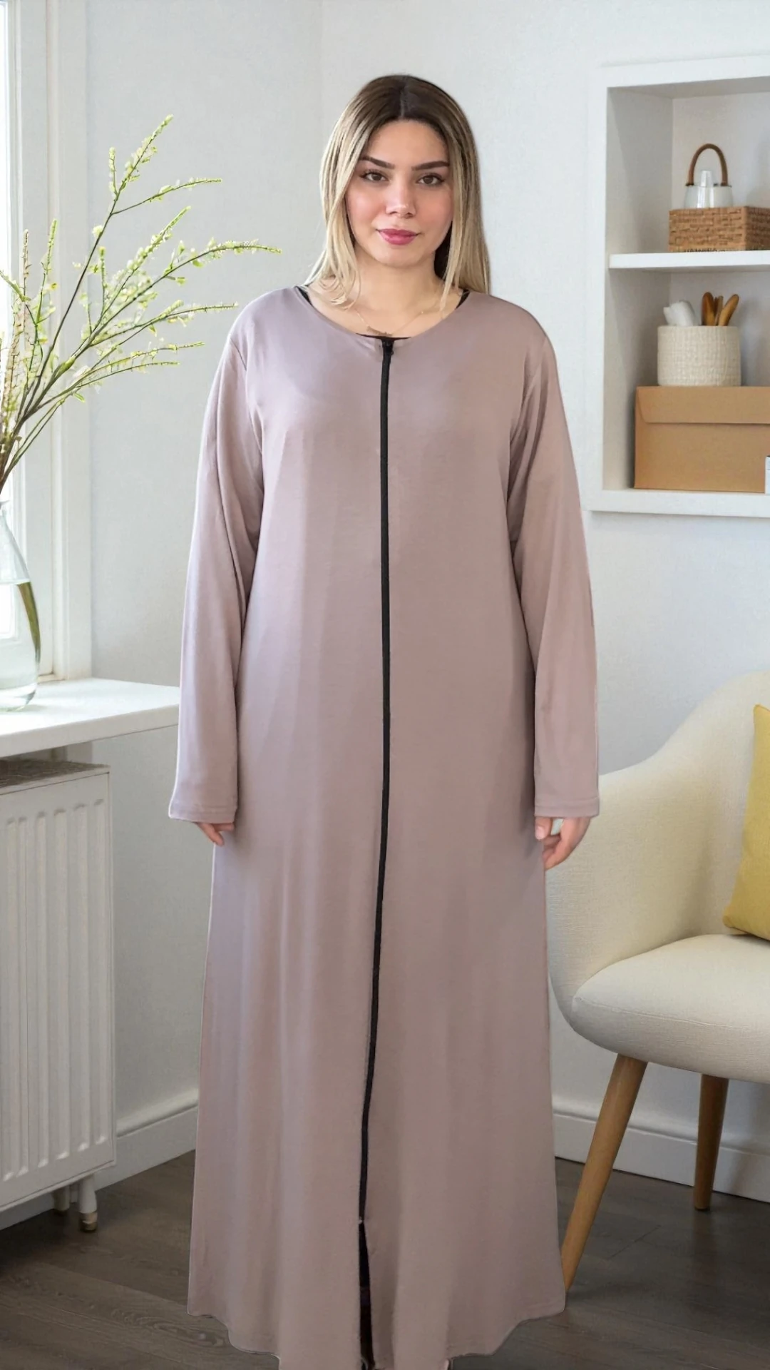 Refah Fermuarlı Pamuklu Penye Namaz Elbisesi - ŞALSIZ - Açık kahve