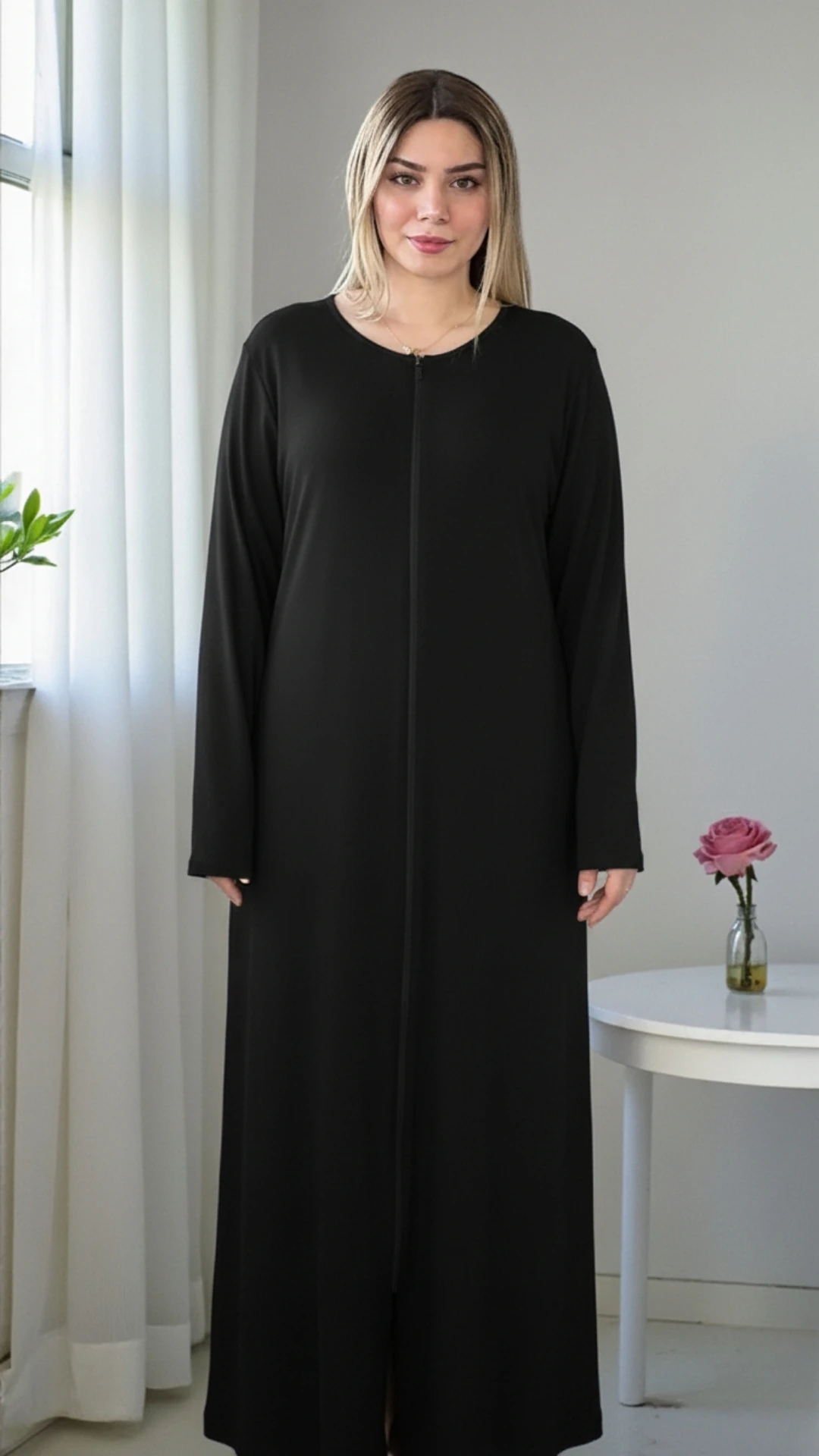 Refah Fermuarlı Pamuklu Penye Namaz Elbisesi - ŞALSIZ - Siyah