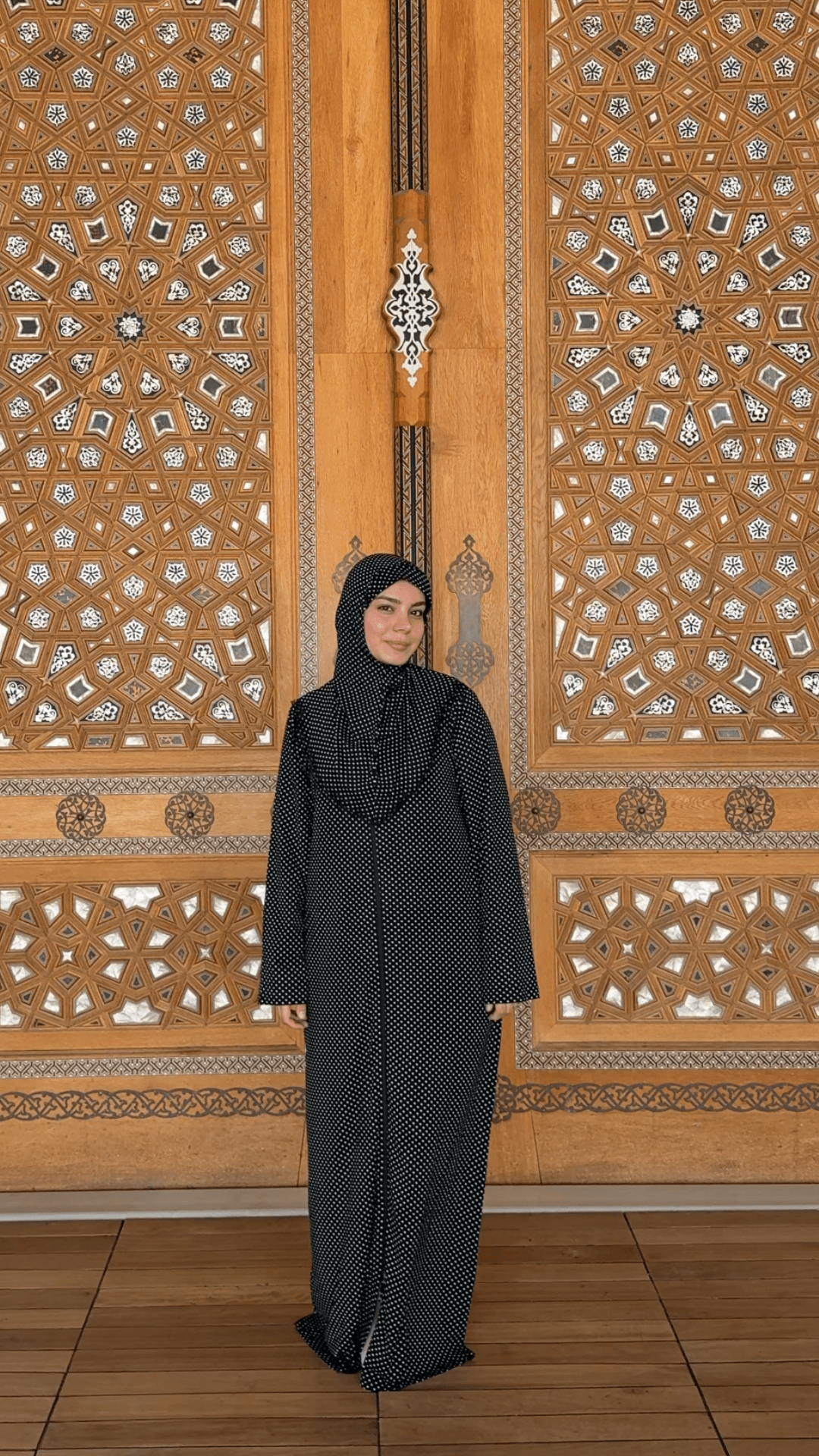 Desenli Refah Fermuarlı Hazır Şallı Pamuklu Penye Namaz Elbisesi  - Puantiyeli
